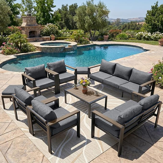 Patio Furniture Set 11 Seats and Coffee Table, 9 Pieces Patio Conversation Set with Thick Cushion, Ottomans, Deluxe Aluminum Modern Outside Sectional for Porch, Balcony, Deck, Yard, Dark Gray