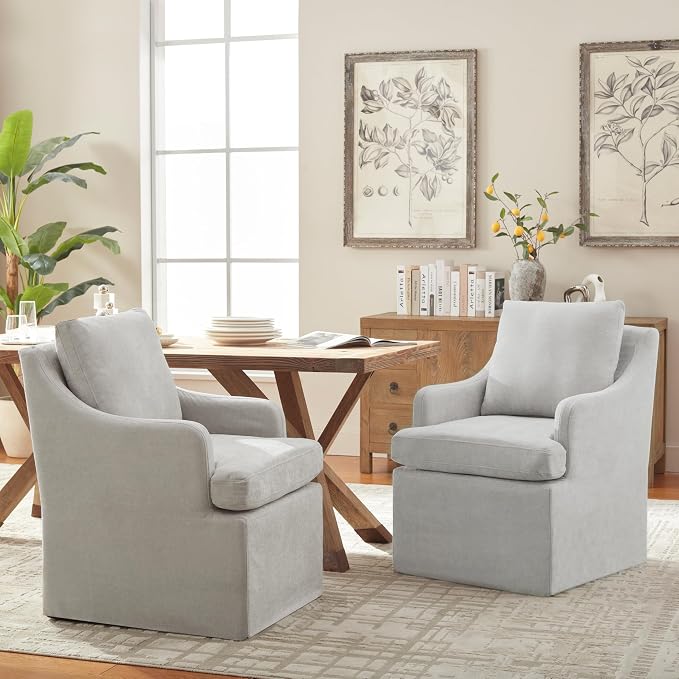 VKNOW Upholstered Dining Chairs Set of 2, Modern Kitchen Chairs Dinner Chairs with 4 Casters, Chenille Armchair for Bedroom Reading Room Living Room, Light Grey