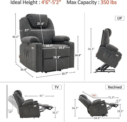 MCombo Small Power Lift Recliner Chair for Elderly, Petite Power Lift Chair with Heat and Massage for Seniors, Cup Holders, USB & Type C Ports, Fabric 7141 (Grey)