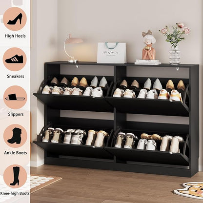 Shoe Storage Cabinet, Wood Shoe Organizer for Entryway with 3 Flip Drawers, Freestanding Shoe Rack with Adjustable Shelf, Narrow Shoe Dresser for Front Door Entrance (Black, 4 Drawers)