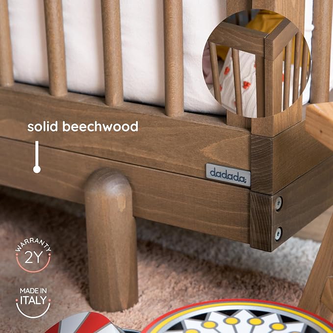 dadada Baby Bliss 4-in-1 Convertible Crib to Toddler Bed & Floor Bed – Made in Italy, GREENGUARD Gold Certified, Baby-Safe Finish, Sustainable Beechwood, Modern Design, 4 Adjustable Heights (Walnut)