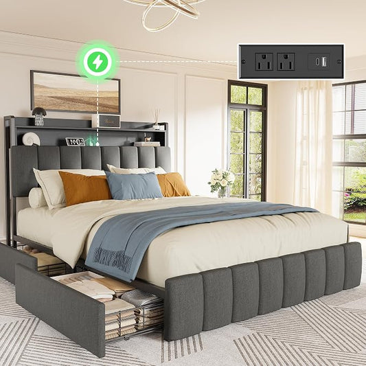 PRAISUN Bed Frame Full Size with Upholstered Headboard & Charging Station, Full Size Metal Bed Frame with 4 Storage Drawers, 2-Tier Open Shelves, No Box Spring Needed, Slient Foam Strip, Grey