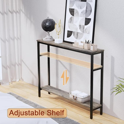 Timberer Narrow Console Table, 39.4” Sofa Table with Adjustable Shelf, 2-Tier Long Skinny Table for Hallway, Entryway, Living Room, Foyer, Grey