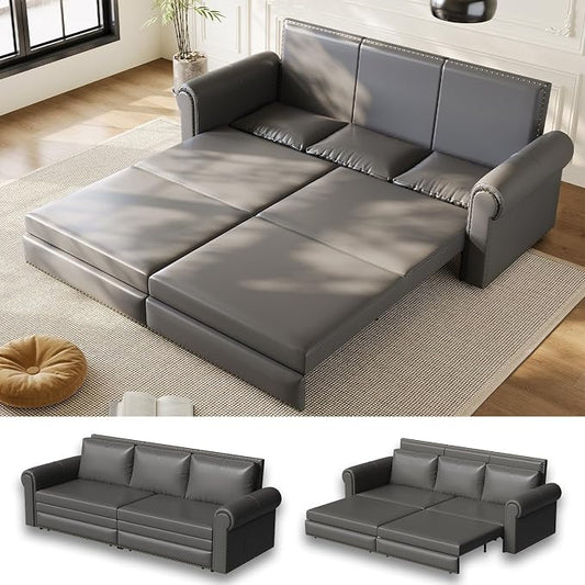 93.7" King Size Sleeper Sofa Bed, Pull Out Sofa Bed, Faux Leather Upholstery, 3 in 1 Convertible Sleeper Couch, Chaise Lounge, Retro Recliner for Living Room, Apartment, Office, Grey