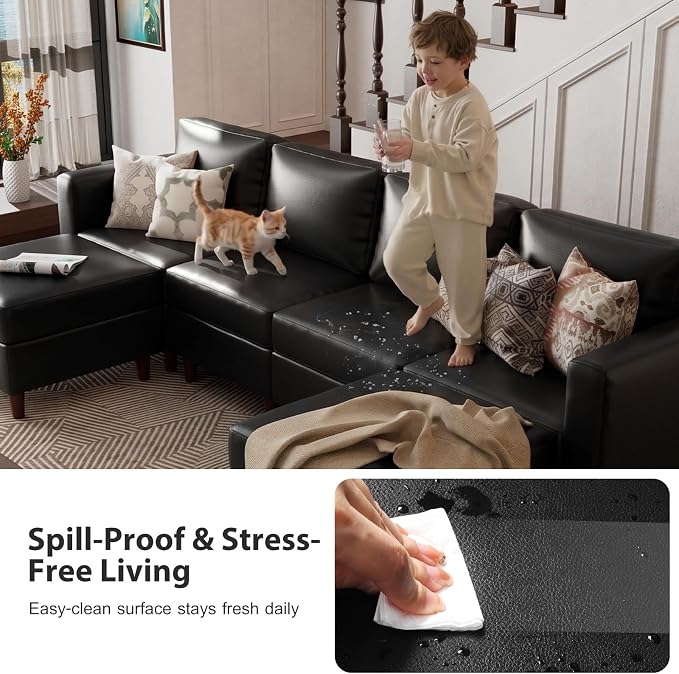 ABCASA 118.5" U Shaped Leather Couch, 7 Seater Oversized Modular Sectional Sofa with Storage Seat & Movable Ottoman, Comfy Pet-Friendly Faux Leather Couches for Living Room,Apartment,Black