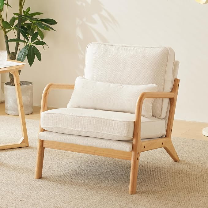 Bonnlo Coarse Linen Beige Mid Century Modern Accent Chair, Soild Wood Padding Lounge Armchairs Side Sitting Chairs for Living Room, Bedroom, Guest Room
