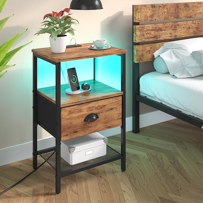 sthmec Nightstands Set of 2, LED Night Stands with Charging Station and Fabric Drawer, Bedside Tables with Drawers, 2- Tier LED Side Table End Table Charging Station Bedroom,Rustic Brown