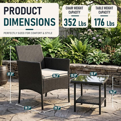 FDW Wicker Outdoor Furniture Patio Furniture Set of 3 Rattan Patio Chairs Outdoor Chairs Patio Conversation Set with Coffee Table for Yard Backyard Lawn Porch Poolside Balcony,Black