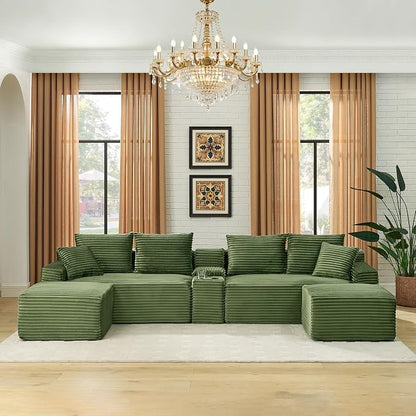 127" U-Shaped Cloud Sectional Couch Oversized Modular Compressed Boneless Sectional Sofa with Ottoman Chaise Lounges & Console, Plush Corduroy Boneless Symmetrical Sofa