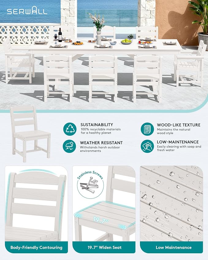 SERWALL 9 Piece 84" HDPE Outdoor Dining Set with 6 Armless Chairs, 2 Armchairs and Umbrella Hole for 8, White