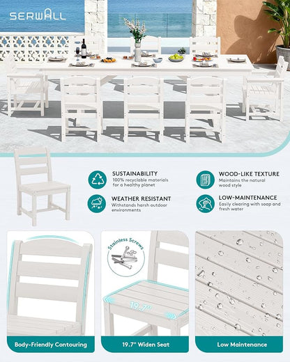 SERWALL 9 Piece 84" HDPE Outdoor Dining Set with 6 Armless Chairs, 2 Armchairs and Umbrella Hole for 8, White