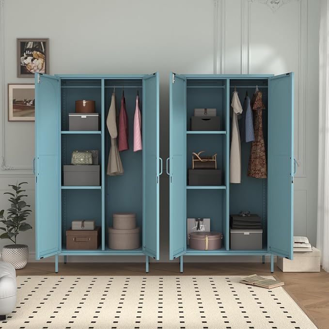 Lockable Closet Metal Wardrobe 67" Blue 2 Door Wardrobe Bedroom Storage Cabinet Adjustable shelf Multi functional metal Storage Cabinet with hanging rail for domestic use 18.1" D x 31.5" W x 67" H
