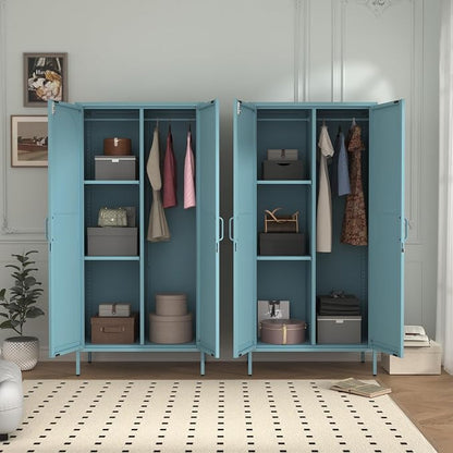 Lockable Closet Metal Wardrobe 67" Blue 2 Door Wardrobe Bedroom Storage Cabinet Adjustable shelf Multi functional metal Storage Cabinet with hanging rail for domestic use 18.1" D x 31.5" W x 67" H