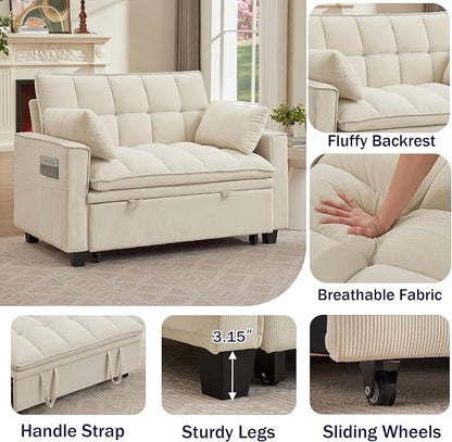 Sleeper Sofa with Pull Out Couch Bed, 48" Convertible Pull-Out Sofa Bed Chair, 3-in-1 Futon Couch with Reclining Backrest and Side Pockets for Living Room Bedroom Apartment, Beige