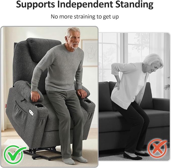 MCombo Power Lift Recliner Chair for Elderly, Lift Chair with Heat and Massage for Tall People, USB&Type C Ports, Extended Footrest, Cup Holders, Fabric 7516 (Large,Dark Grey)