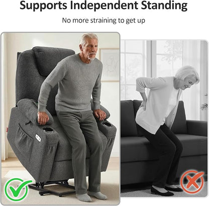 MCombo Power Lift Recliner Chair for Elderly, Lift Chair with Heat and Massage for Tall People, USB&Type C Ports, Extended Footrest, Cup Holders, Fabric 7516 (Large,Dark Grey)