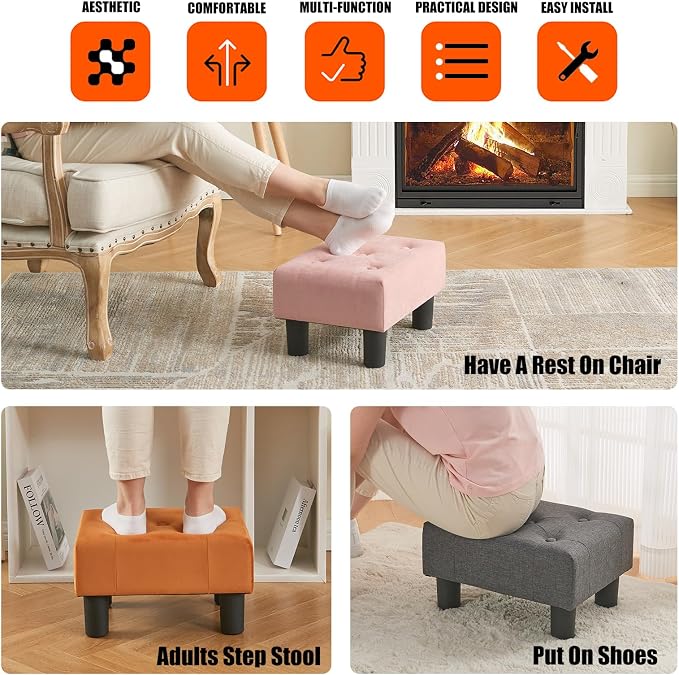 BRIAN & DANY Small Foot Stool, Linen Foot Stools with Legs, Stable Small Footstool for Living Room, Grey