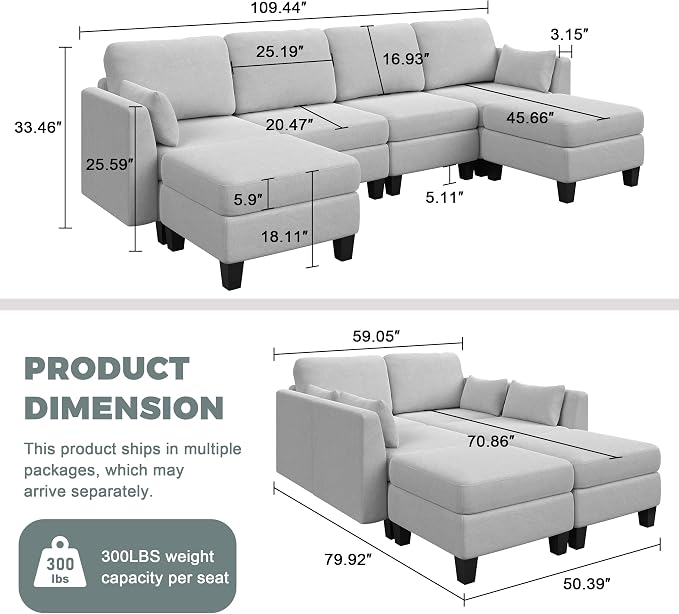 Modular Sectional Sofa, 6 Seaters Modular Sleeper Sofa Couch, Comfy Sectionals Couches Bed, Convertible Sofas with Ottomans, Sectional Couches for Living Room, Light Grey