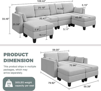 Modular Sectional Sofa, 6 Seaters Modular Sleeper Sofa Couch, Comfy Sectionals Couches Bed, Convertible Sofas with Ottomans, Sectional Couches for Living Room, Light Grey