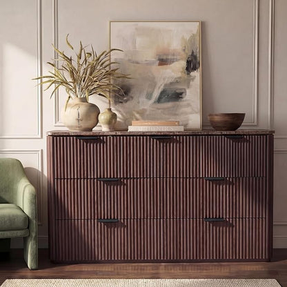 Dresser for Bedroom with 7 Drawers, 54"W Chest of Drawers, Fluted Dresser with Faux Marble Top, Curved Profile Design, Metal Handle, Wood Closet Storage Organizer for Living Room, Hallway, Dark Oak
