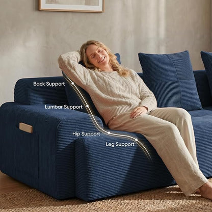 118" Sectional Boneless Oversize Modular Couches, Curved Cloud Sectional Sofa for Living Room, Corduroy L Shape Deep Seat Sofa with Ottoman & 3 Throw Pillows, No Assembly Required,Navy Blue
