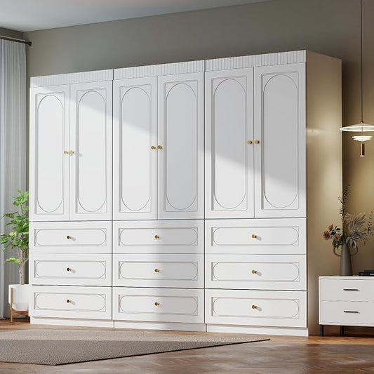 Armoire Wardrobe Closet with Drawers: 74" Tall White Wardrobe Closet with Doors, Large Bedroom Armoires for Clothes, Wood Closets for Hanging Clothes (94.5 in-6 Doors)