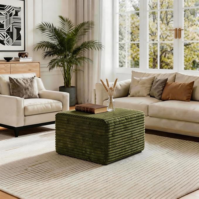 25.6 inch Plush Corduroy Ottoman, Modular Sectional Foot Rest for Living Room, Upholstered Cloud Ottoman for Boneless Couch in a Box, Compressed Memory Foam, No Assembly Require, Green