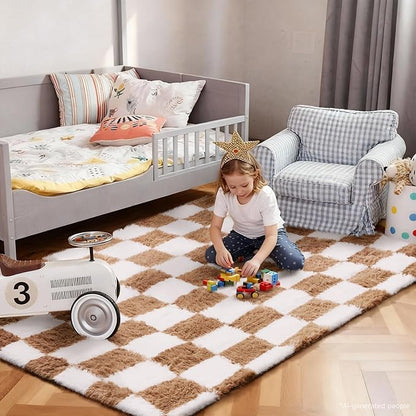 Ophanie Checkered Beige & White Rug for Living Room Bedroom,Fluffy Soft Cute Fuzzy Area Rugs,Shag Plush Shaggy Bedside Floor 4x6 Furry Carpet Kids Baby Teen Dorm Decor with Over 99 pcs Pile fibers