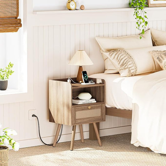 SUPERJARE Nightstand with Charging Station & Rattan-Like Decor Drawer, Rattan End Table with Solid Wood Feet, Bed Side Table with Open Storage, for Bedroom, Living Room, Dormitory, Walnut