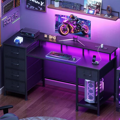 Korfile 47 Inch Computer Gaming Desk with Power Outlets & LED Lights Reversible Home Office Desk with Adjustable 5 Fabric Storage Drawers for Working Writing Study, Carbon Fiber Black