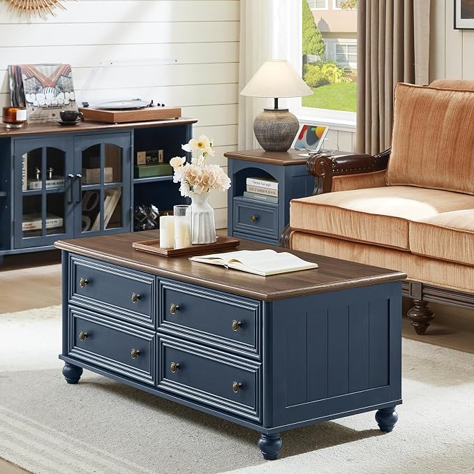 RWYHG 48" Farmhouse Coffee Table with Hidden Storage,Wooden Coffee Tables with 4 Drawers & Roman Column Handle,Rectangular Rustic Center Table with Solid Wood Curved Legs for Living Room,Office,Blue