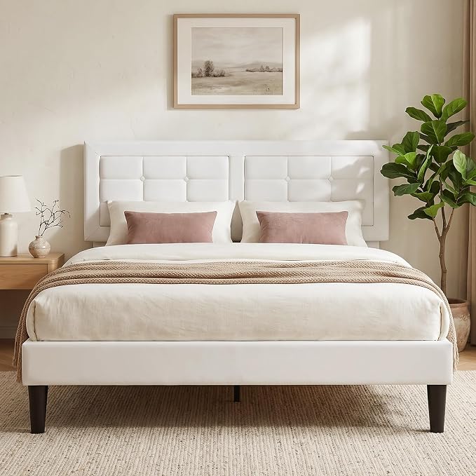 VECELO Queen Size Bed Frame, Adjustable Upholstered Button Tufted Headboard, Heavy-Duty Bedframe with Wood Slats Support, No Box Spring Needed, Linen & White