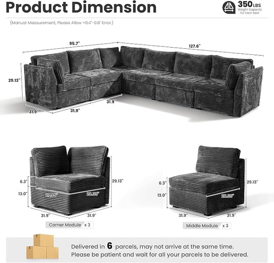 ovios Modular Sectional Sofa Couch with V-Shape Chaise Convertible, Comfy Plush Corduroy Cloud Couches, Modern Luxury Deep Seat Sofas Set for Living Room, 6-Seater, Grey