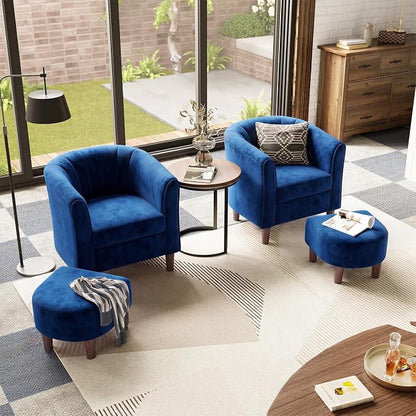 LINSY Accent Chair Set of 2, Velvet Barrel Chair with Ottoman, Modern Comfy Small Armchair for Small Spaces Reading Room Living Room Bedroom Kids Room Office, Blue