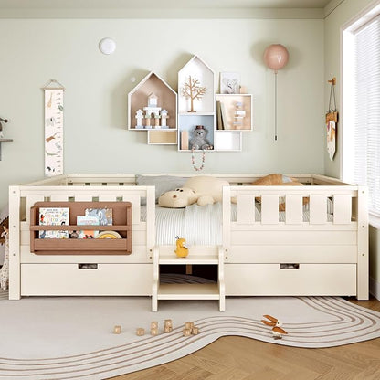 Bellemave Queen Size Kids Montessori Bed with Stairs and Bookshelf,Solid Wood Queen Size Kids Bed Frame with Drawers and Storage for Girls Boys,Low-Profile,Beige