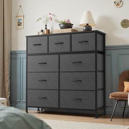 DUMOS Dresser for Bedroom, 9 Fabric Storage Tower Unit Dresser Organizer | Wood Top Table Furniture, Chest of Drawers for Closet, Living Room, Hallway, Grey