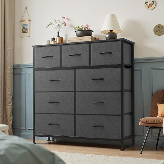DUMOS Dresser for Bedroom, 9 Fabric Storage Tower Unit Dresser Organizer | Wood Top Table Furniture, Chest of Drawers for Closet, Living Room, Hallway, Grey