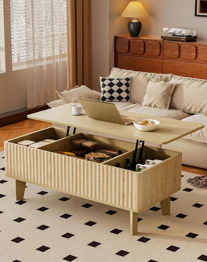 Rectangular Coffee Table with Lifting Top, Mid Century Modern Living Room Center Table, Wood Fluted Coffee Table for Home Office, Oak
