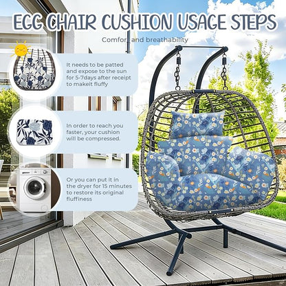 Waterproof Egg Chair Cushion Replacement 47x31.5x4.7 inch Thicken Hanging Egg Swing Chair Cushion Indoor Outdoor Wicker Rattan Hammock Basket Cushion with Headrest Pillow, Blue Peony