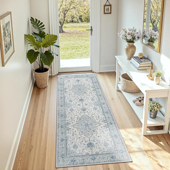 RELEANY Area Rugs Small 2'x4' Washable Non-Slip, Floral Vintage Distress Medallion Carpet for Kitchen Entryway Bathroom, Light Blue Navy Gray White