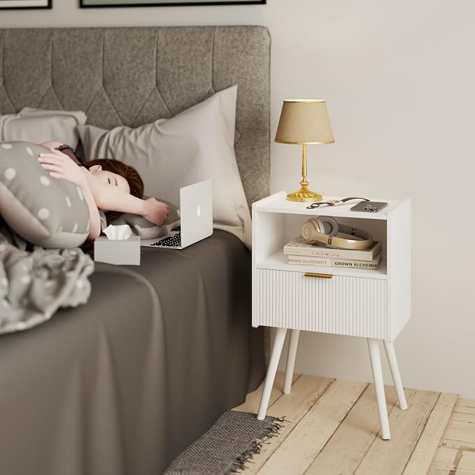JOONEE White Nightstand,Modern Bedside Table with Storage Drawer and Open Wood Shelf, for Living Room, Bedroom and Small Spaces, Accent Night Stand with Solid Wood Legs, Easy Assembly,Classic White