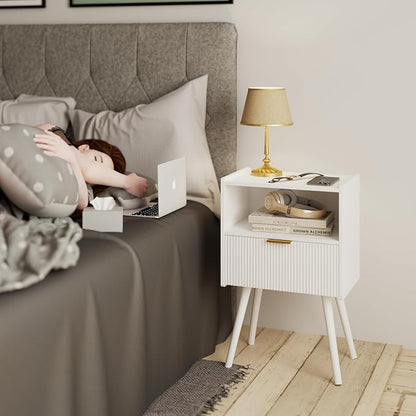 JOONEE White Nightstand,Modern Bedside Table with Storage Drawer and Open Wood Shelf, for Living Room, Bedroom and Small Spaces, Accent Night Stand with Solid Wood Legs, Easy Assembly,Classic White