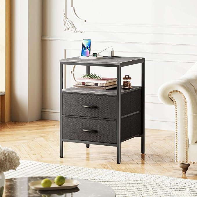 Huuger Night Stand with Charger Station, 27.7 Inch Tall Nightstand, Bed Side Table with 2 Fabric Drawers, Fabric Drawer Dresser for Bedroom, Living Room, Grey