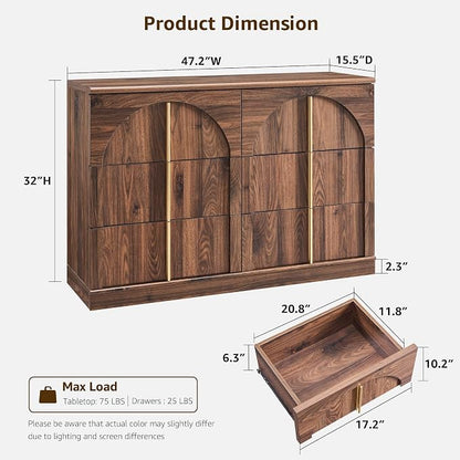 ACCOHOHO Arched Dresser for Bedroom with 6 Drawers, 47.3" Wide Modern Chest of Drawers with Rounded Edge & Metal Handles, Wood Storage Closet Dressers TV Stand for Living Room, Hallway, Brown