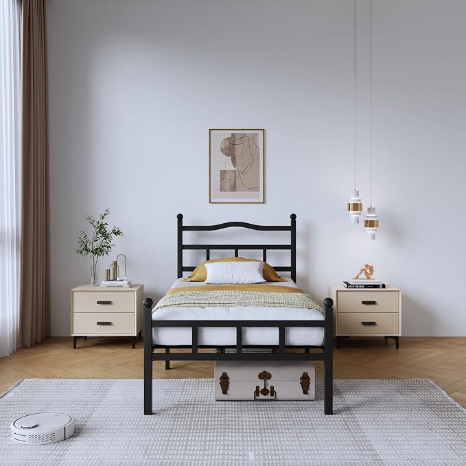 SHOANED 14 Inch Metal Bed Frame - Twin Size Heavy Duty Bedframe with Headboard & Footboard Black Basic Steel Slats Platform No Box Spring Needed/Easy Assembly/Noise Free