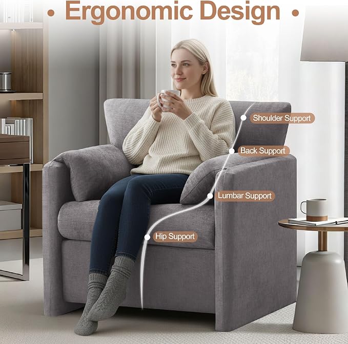 Oversized Accent Chair for Living Room, 32.68" Large Modern Armchair with Deep Seat, Mid-Century Comfy Reading Chair with Padded Arms, Chenille Single Sofa Chairs for Bedroom, Light Grey