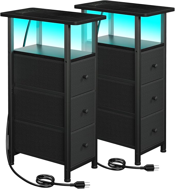 LOAKEKEL Narrow End Tables Living Room Set of 2 with Charging Station, Skinny Side Table with Fabric Drawers, Slim LED Nightstand for Bedroom, Small Spaces, Couch, Black, HETNDP03LBK
