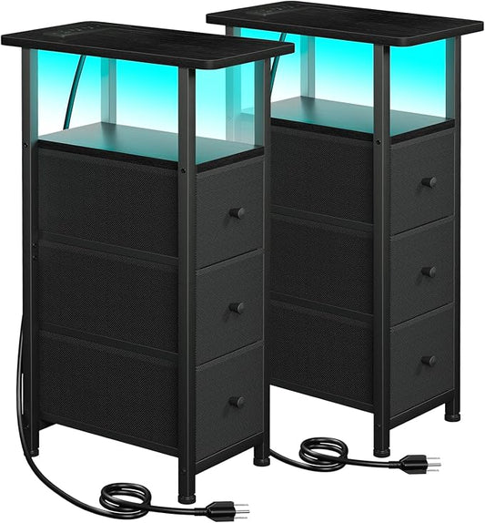 LOAKEKEL Narrow End Tables Living Room Set of 2 with Charging Station, Skinny Side Table with Fabric Drawers, Slim LED Nightstand for Bedroom, Small Spaces, Couch, Black, HETNDP03LBK