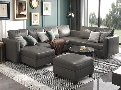 EASE MOOSE Faux Leather Modualr Sectional Couch with Storage,Gray Faux Leather Sectional Sofa Modular Couch,Grey