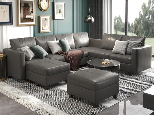 EASE MOOSE Faux Leather Modualr Sectional Couch with Storage,Gray Faux Leather Sectional Sofa Modular Couch,Grey